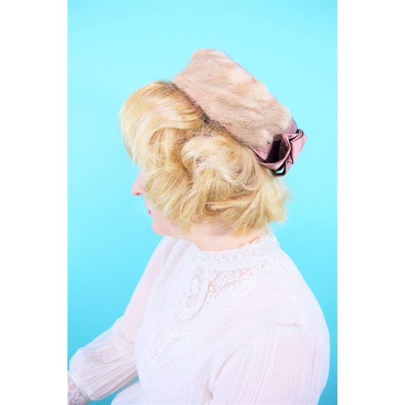 Vintage 1950s Pillbox Hat Lady Bess Fur Mauve Tan Netted Round Hat - Picture 4 of 10